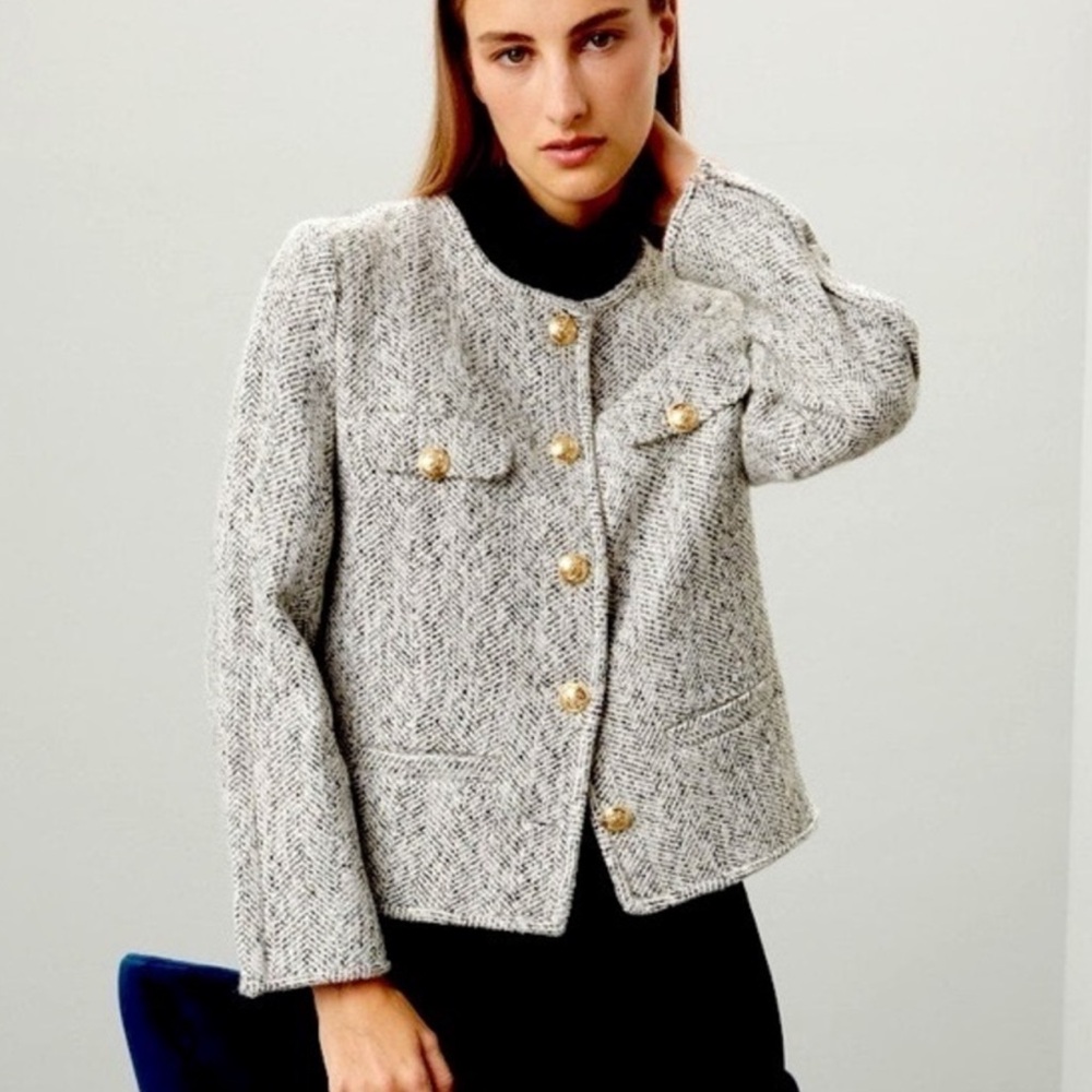 Derek Lam Gray Tweed Blazer with Gold Buttons